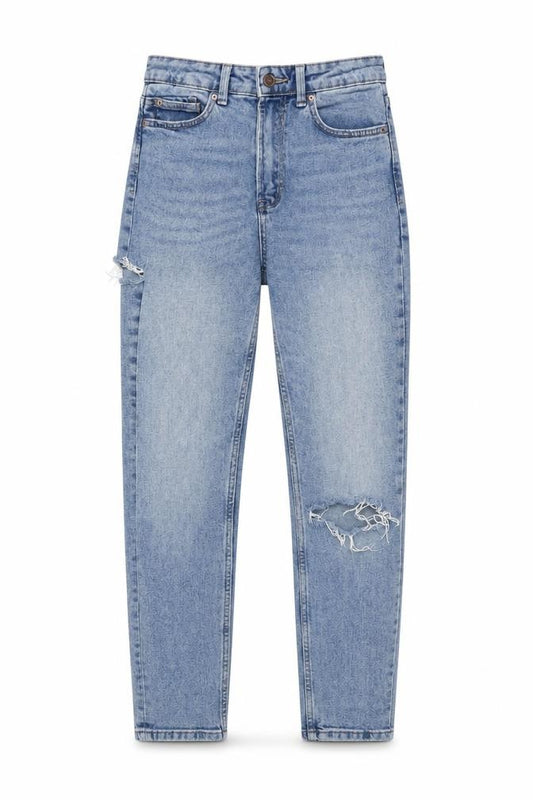 Front view of Stradivarius Women’s Blue High Rise Mom Slim Fit Distressed Jeans UK 8