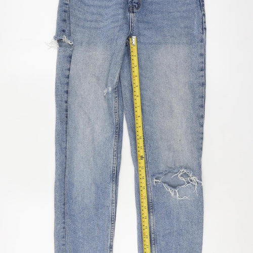 Stradivarius Women’s Blue High Rise Mom Slim Fit Distressed Jeans UK 8