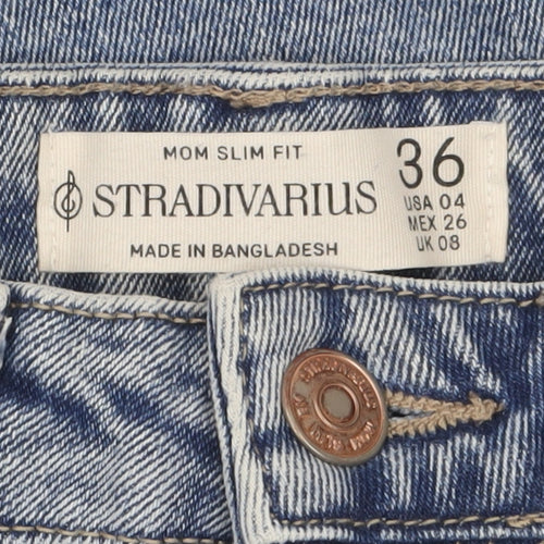 Stradivarius Women’s Blue High Rise Mom Slim Fit Distressed Jeans UK 8