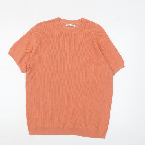 Zara Men’s Orange Ribbed Knit Cotton Crew Neck T-Shirt Size S