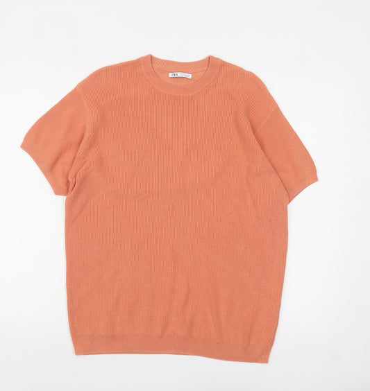 Zara Men’s Orange Ribbed Knit Cotton Crew Neck T-Shirt Size S
