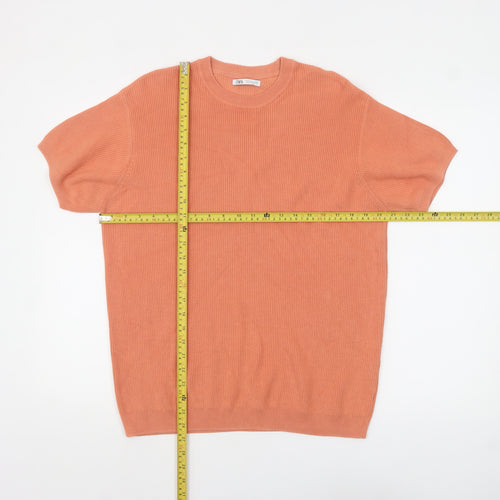 Zara Men’s Orange Ribbed Knit Cotton Crew Neck T-Shirt Size S