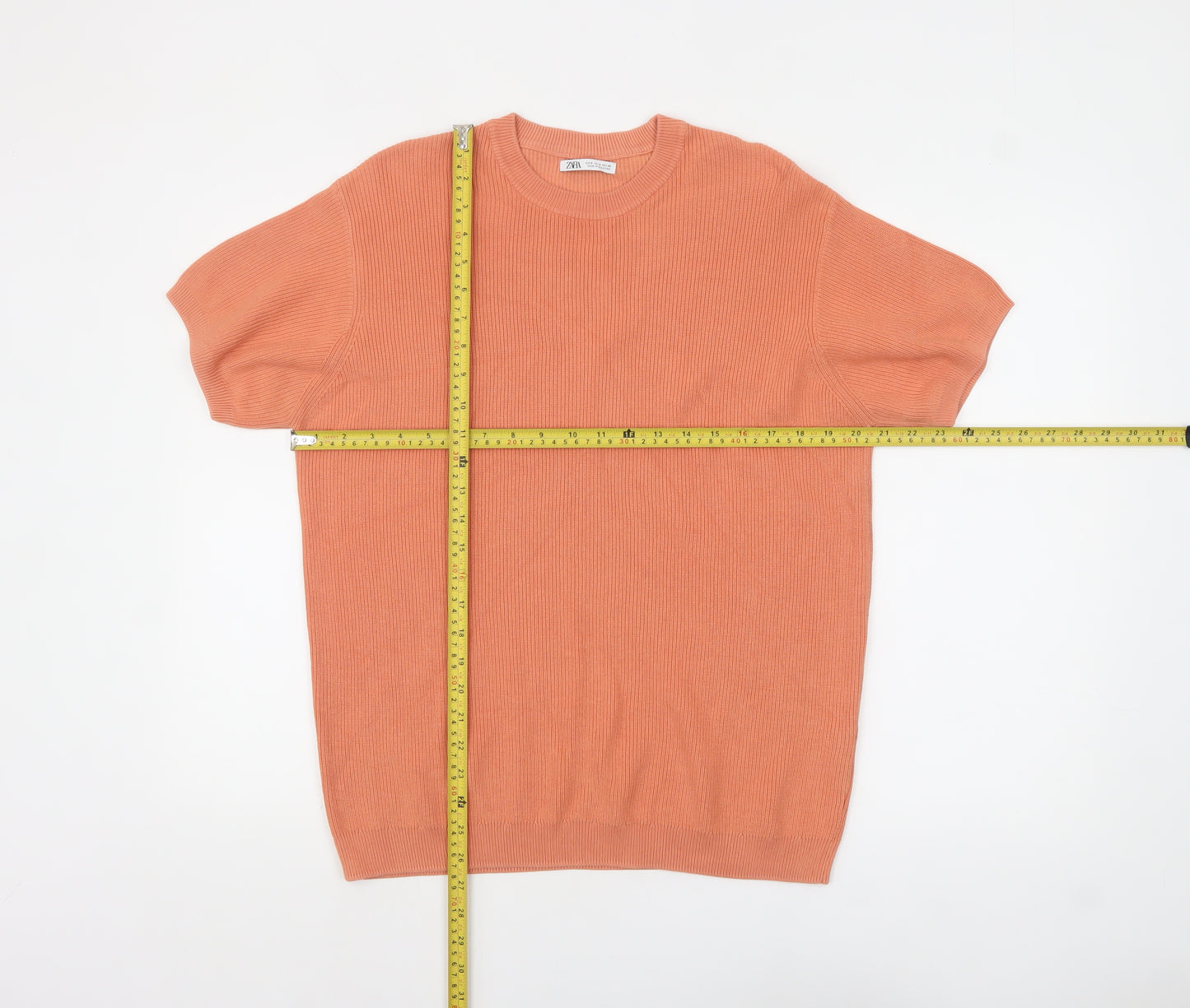 Zara Men’s Orange Ribbed Knit Cotton Crew Neck T-Shirt Size S