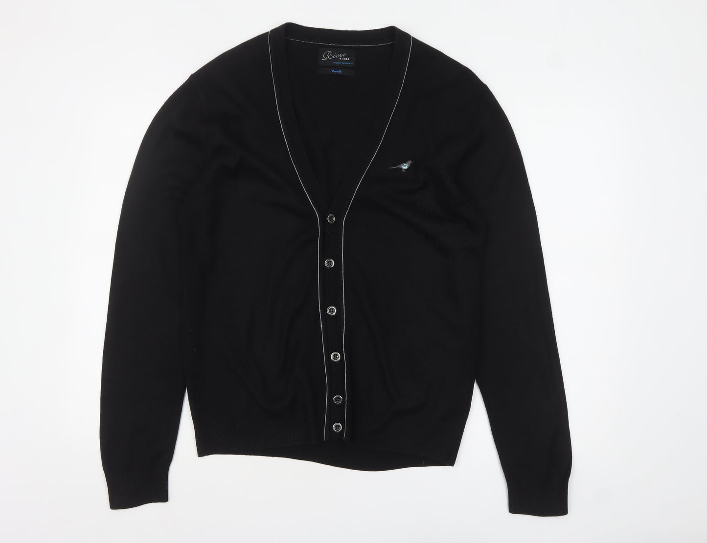 River Island Men's Black V-Neck Button Cardigan Small
