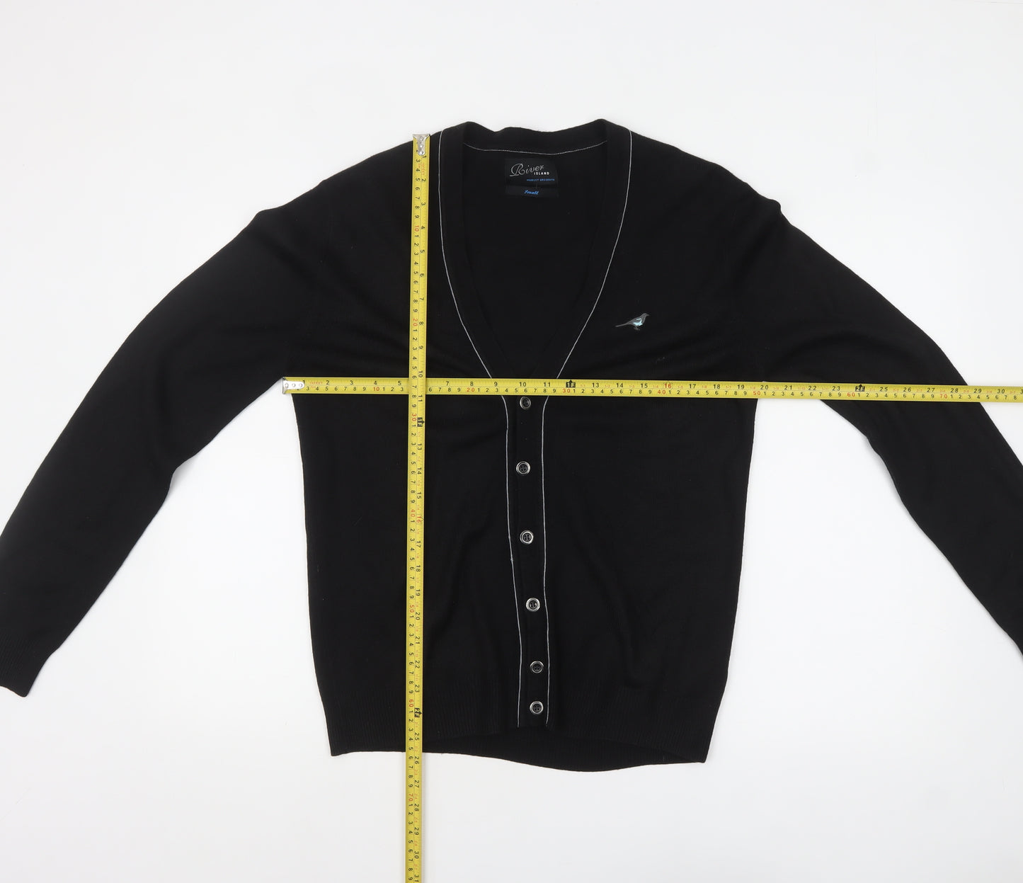 River Island Men's Black V-Neck Button Cardigan Small