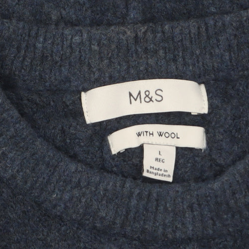 Marks and Spencer Men's Blue Cable Knit Wool Blend Jumper Size L