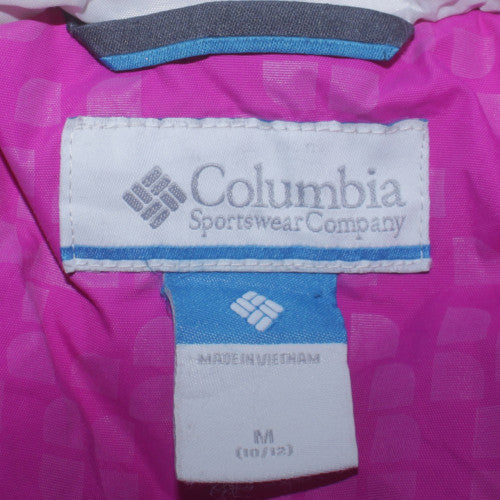 Brand and care label for Columbia Women's Pink Hooded Waterproof Winter Jacket, size M