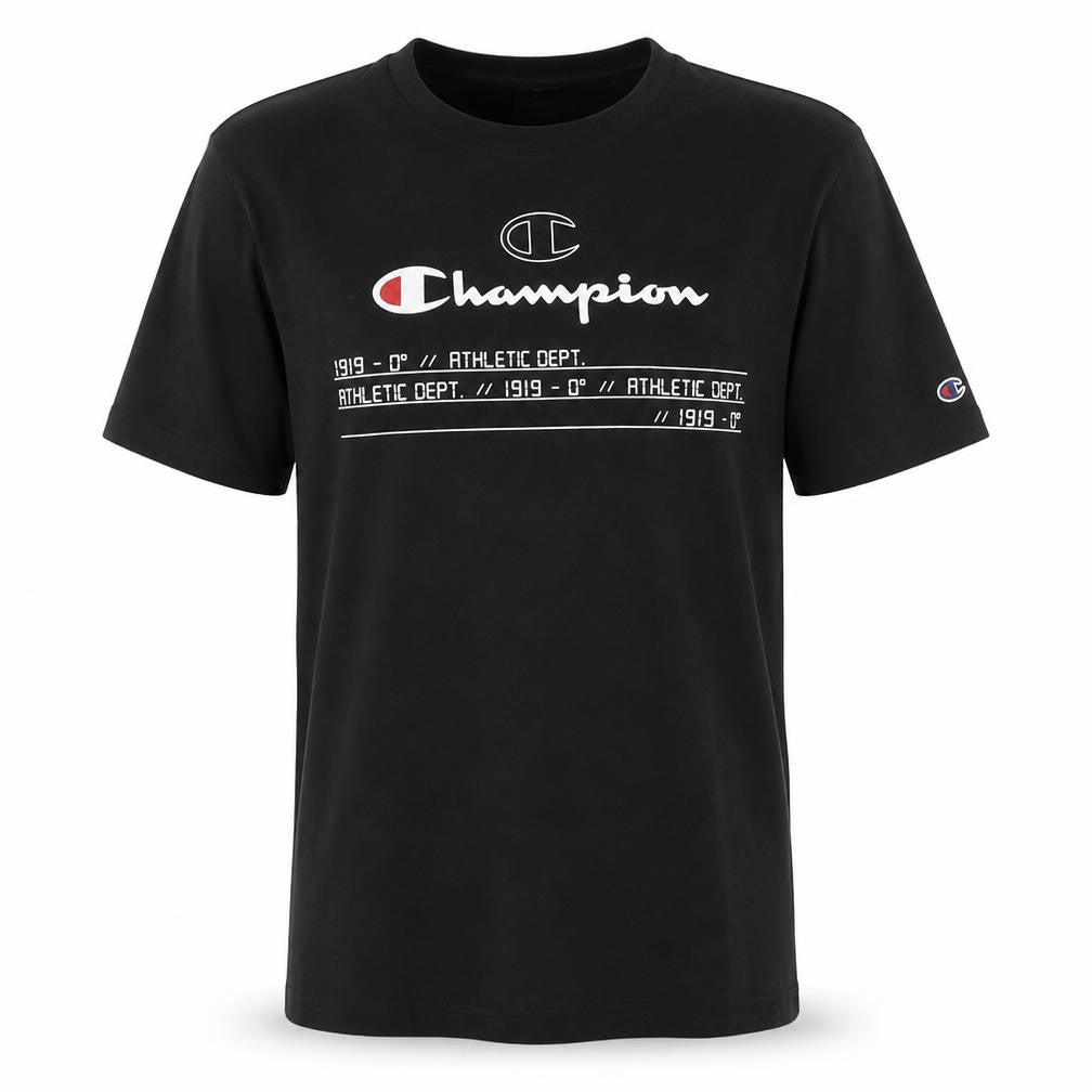 Front view of Champion Men's Black Medium Regular Fit Graphic T-Shirt