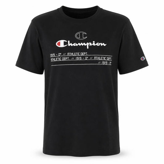 Front view of Champion Men's Black Medium Regular Fit Graphic T-Shirt