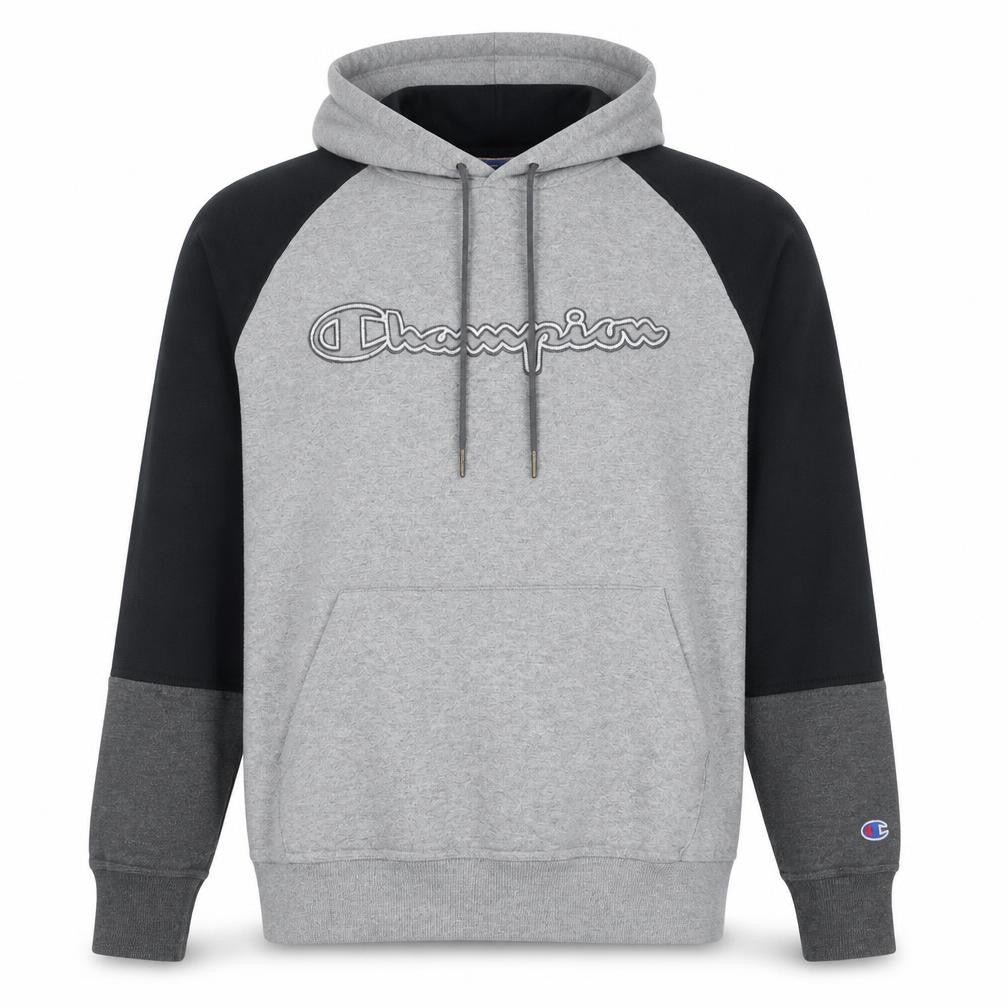 Front view of Champion Men's Grey Pullover Hoodie L Fleece Logo Sweatshirt
