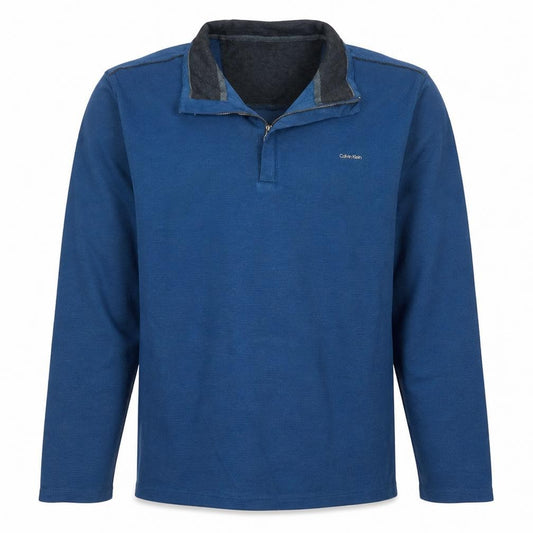 Front view of Calvin Klein Men's Blue 1/4 Zip Henley Sweatshirt, size L