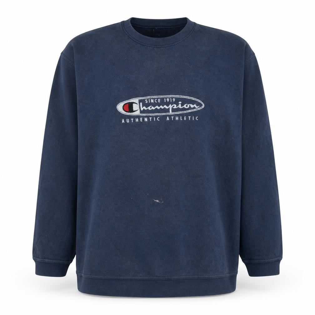 Front view of Champion Men's Blue 2XL Pullover Sweatshirt Logo Fleece