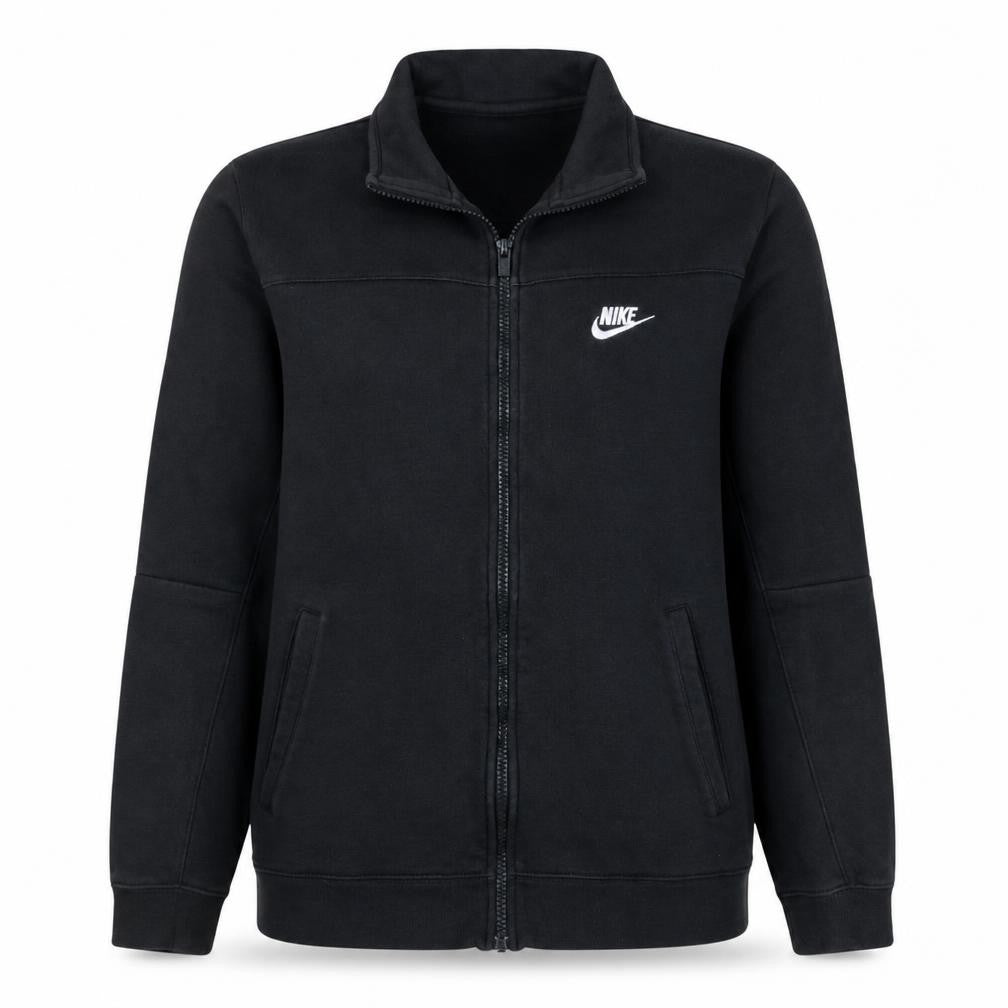 Front view of Nike women’s black full zip track jacket, size S, cotton blend