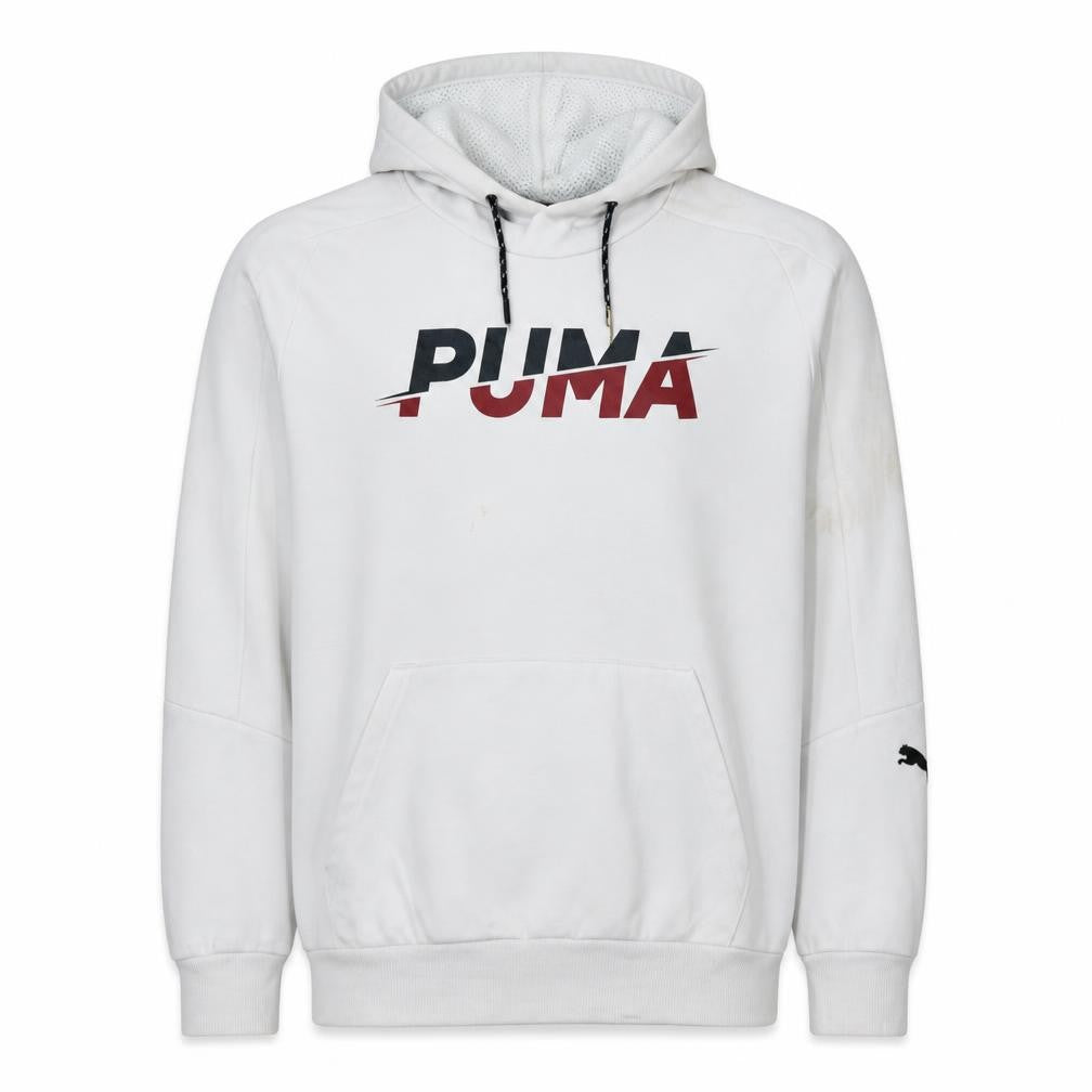 Front view of Puma Men's White Small Pullover Hoodie with Logo Graphic Print