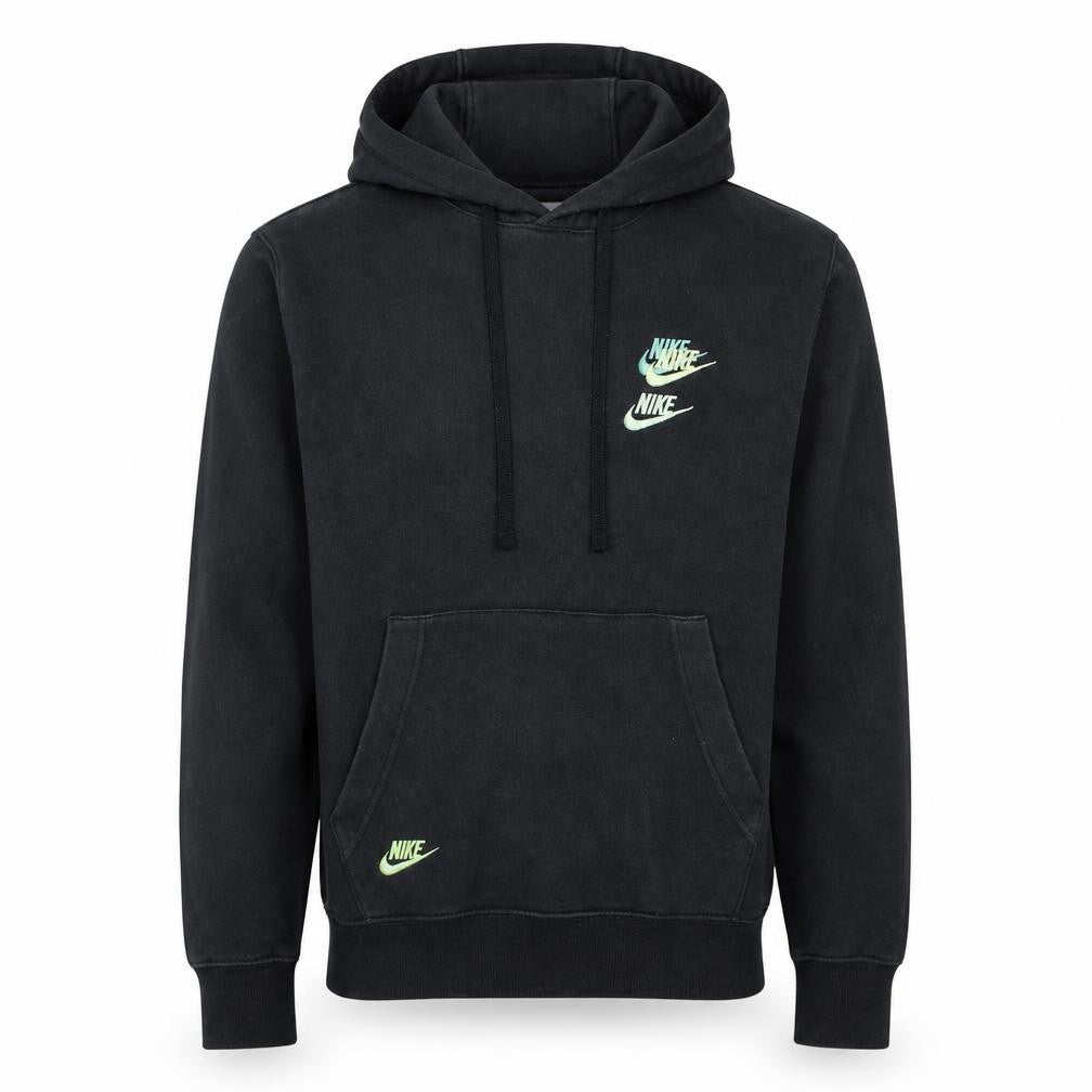 Front view of Nike Men's Black XS Pullover Hoodie with Green Logo