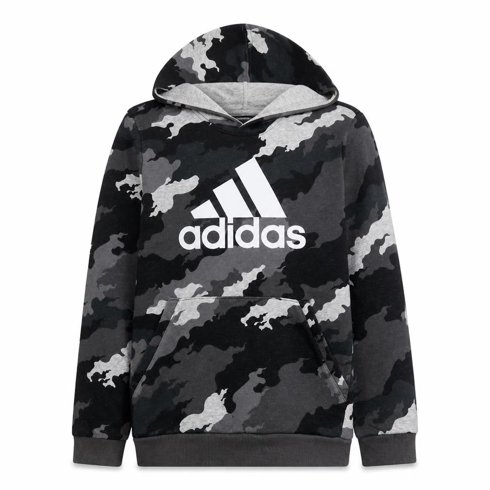 Front view of Adidas boys’ grey camouflage pullover hoodie size 13y regular fit