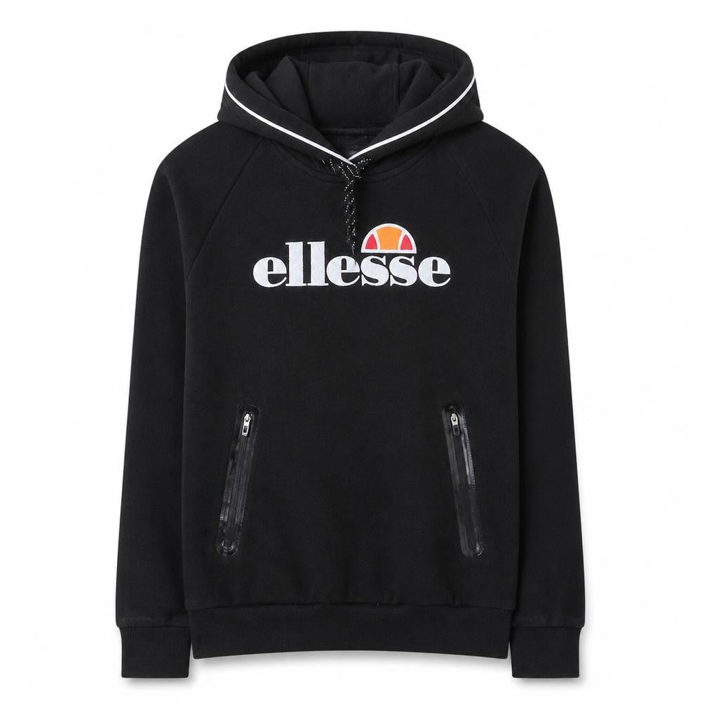 Front view of Ellesse women’s black pullover hoodie, size UK 12, cotton blend logo sweatshirt