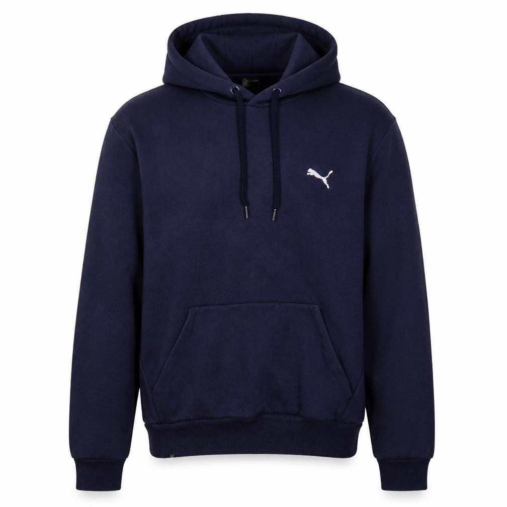 Front view of Puma Men's Blue Pullover Hoodie, size S, Fleece Logo Sweatshirt