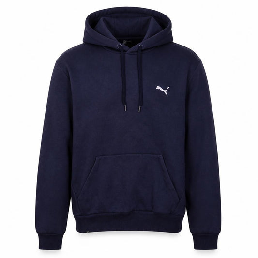 Front view of Puma Men's Blue Pullover Hoodie, size S, Fleece Logo Sweatshirt