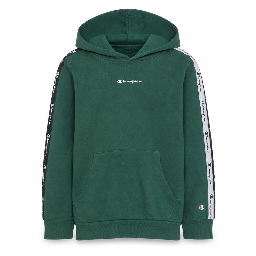 Front view of Champion boys’ green logo hoodie pullover, size 11-12, years large