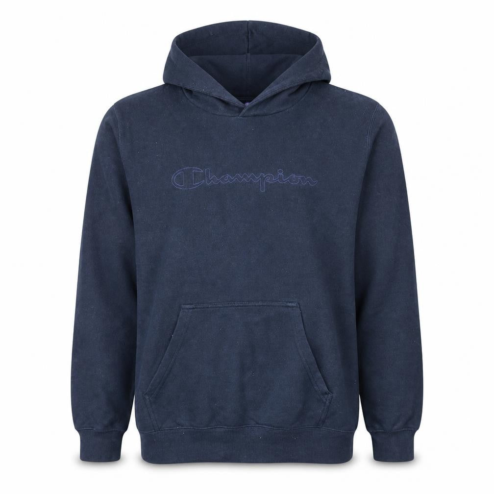 Front view of Champion Men's Blue Pullover Hoodie Large Embroidered Logo Fleece