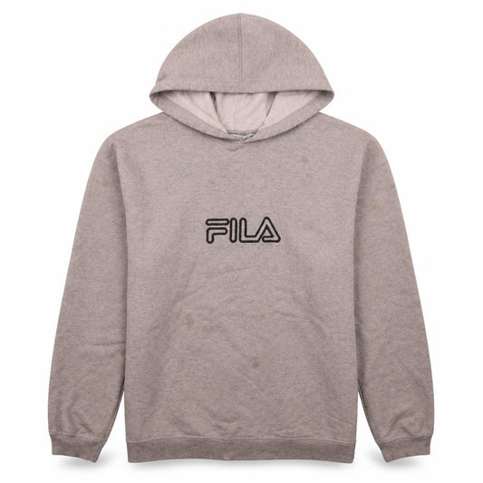 Front view of Fila Men's Grey Pullover Hoodie, size L, Logo Fleece Sweatshirt