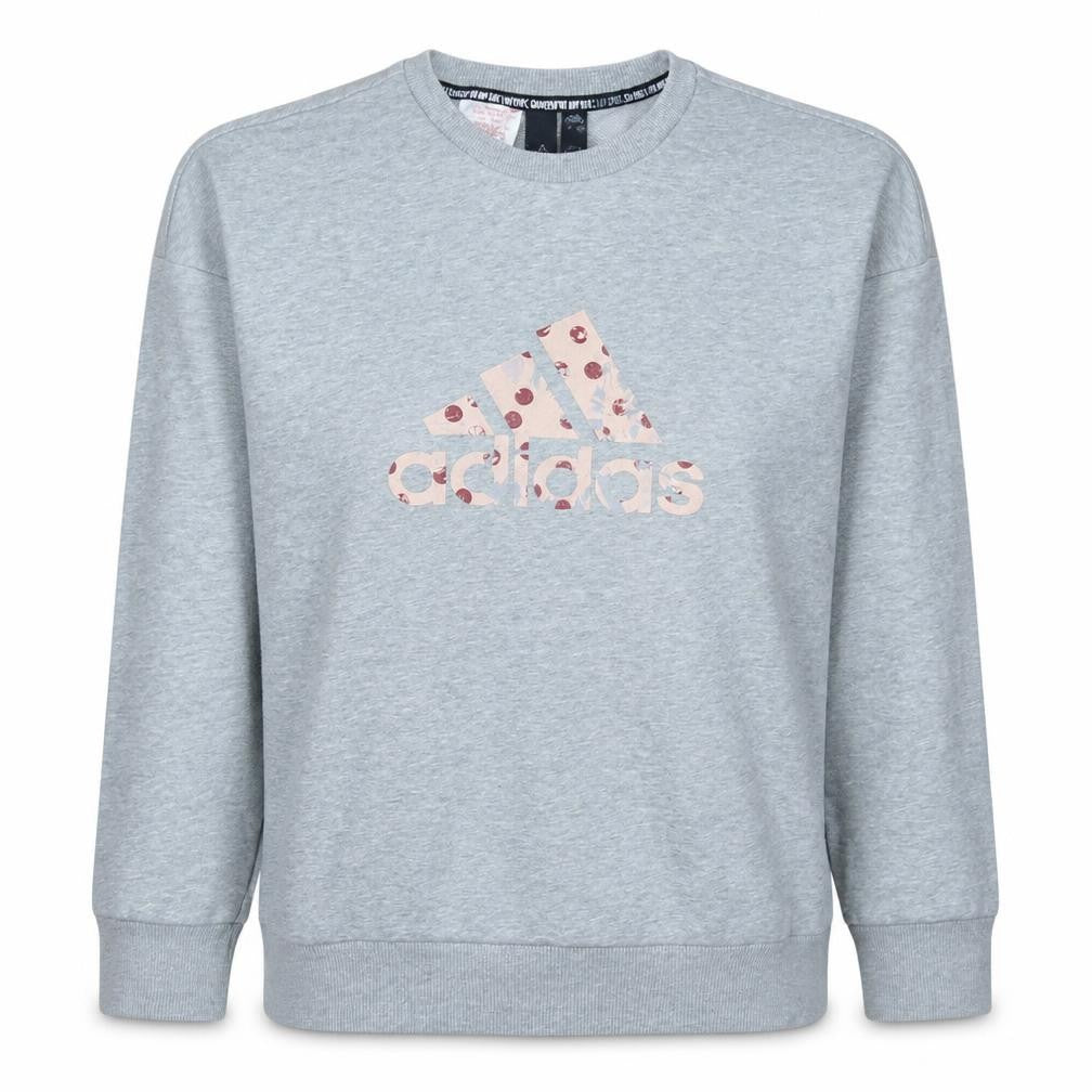 Front view of Adidas women’s grey crew neck sweatshirt, size UK 14, logo print pullover