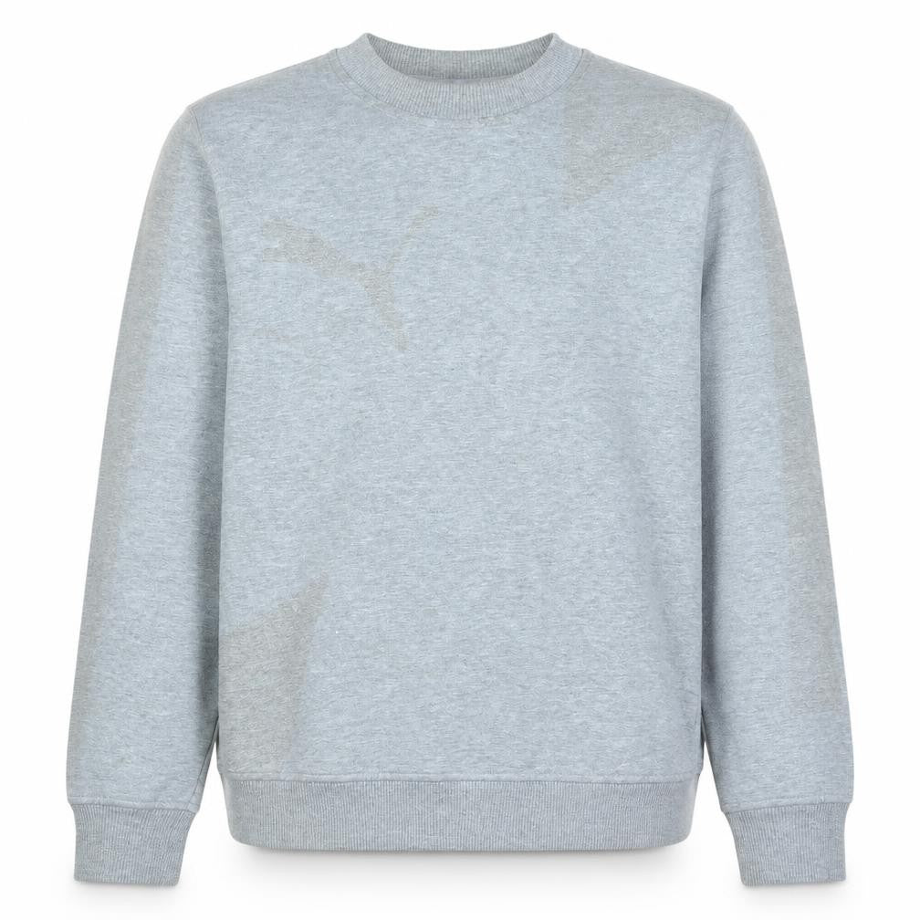 Front view of Puma men’s grey crew neck pullover sweatshirt, size S