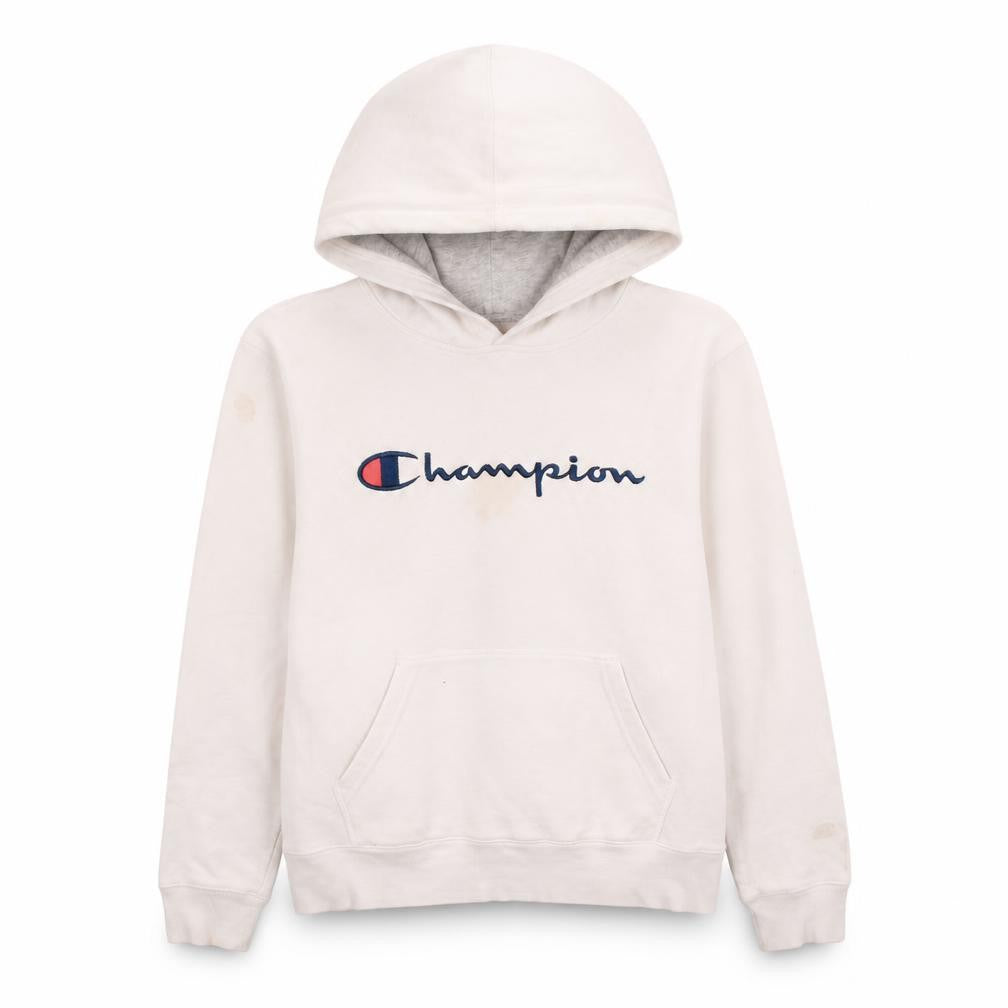 Front view of Champion Women White Pullover Hoodie L Logo Embroidered Comfortable