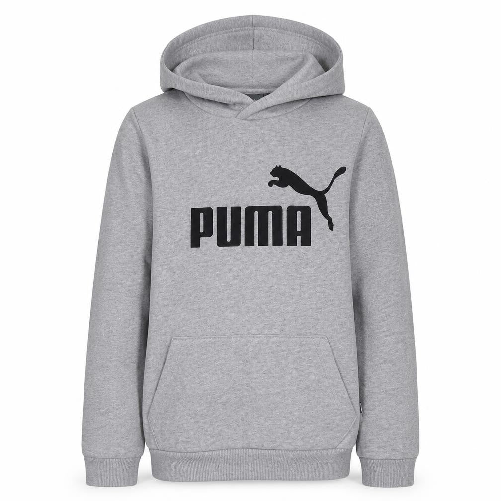 Front view of Puma boys’ grey hoodie, size 13-14, years pullover fleece sweatshirt