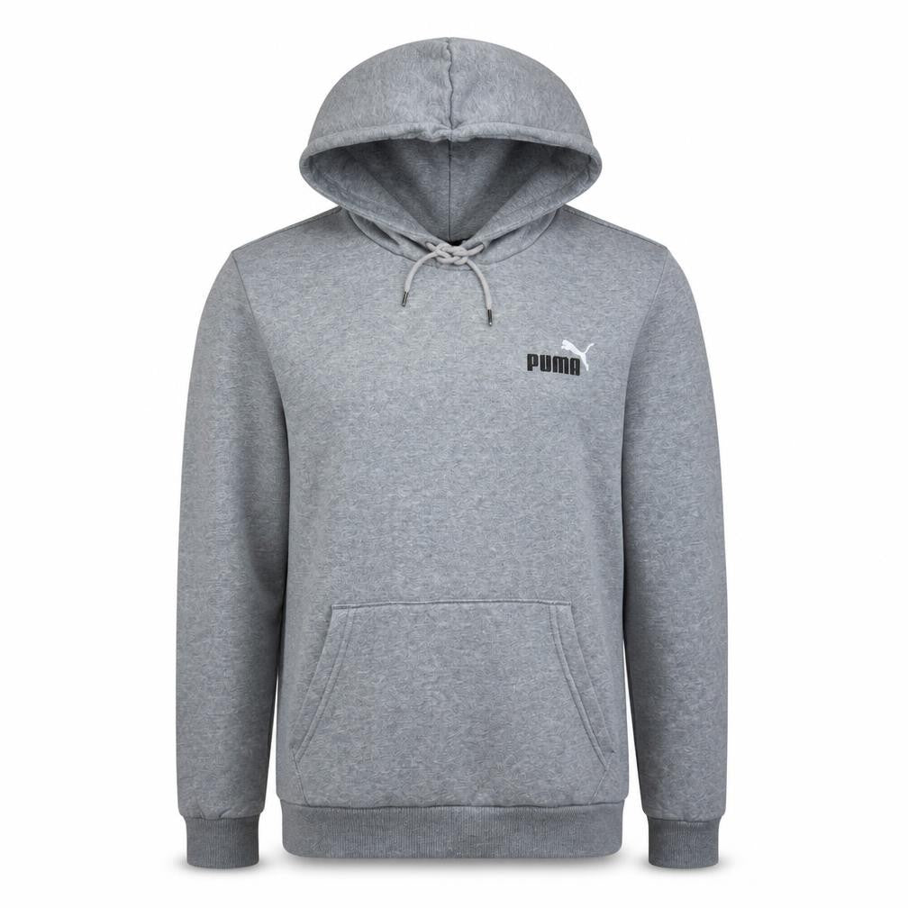 Front view of Puma Men's Grey Pullover Hoodie, size S, Regular Fit Fleece Sweatshirt