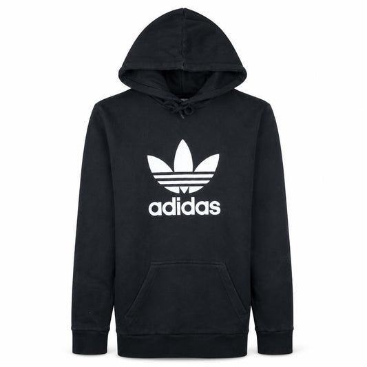 Front view of Adidas Men's Black XS Pullover Hoodie with Logo, Regular Fit