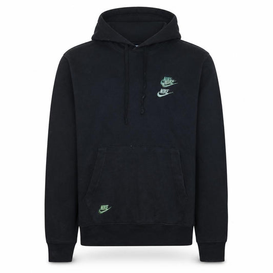 Front view of Nike men’s black small pullover hoodie with green embroidered logo