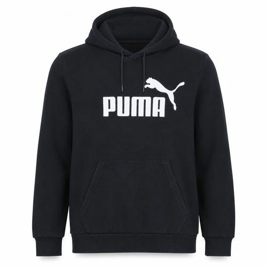 Front view of Puma Men’s Black Pullover Hoodie Small Logo Fleece Sweatshirt