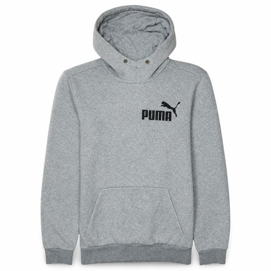Front view of Puma men’s grey pullover hoodie small logo fleece sweatshirt