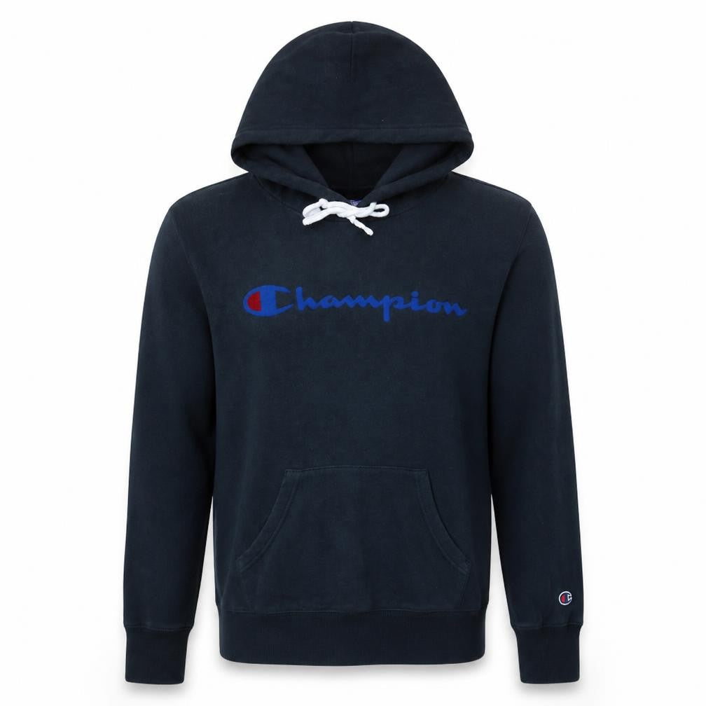 Front view of Champion Men's Black Small Pullover Hoodie with Logo