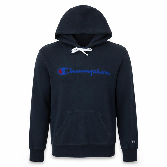 Front view of Champion Men's Black Small Pullover Hoodie with Logo