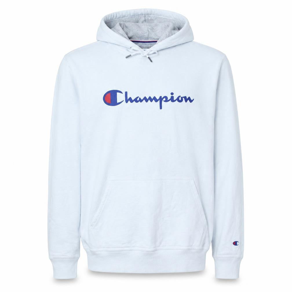 Front view of Champion Men's White Pullover Hoodie M Logo Athletic Sweatshirt