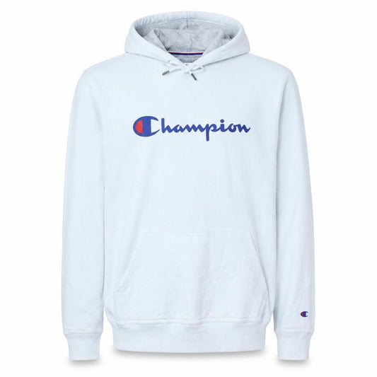 Front view of Champion Men's White Pullover Hoodie M Logo Athletic Sweatshirt
