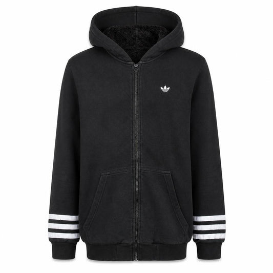 Front view of Adidas Originals men’s black full zip hoodie, size M, hooded fleece lined