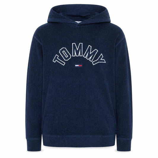 Front view of Tommy Jeans Men's Blue XL Pullover Hoodie Embroidered Logo Cotton