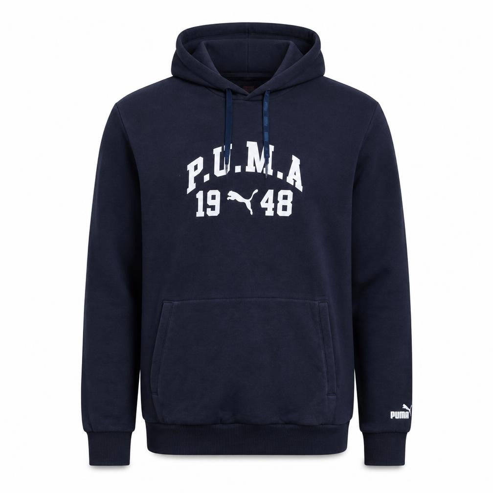 Front view of Puma Men's Blue Pullover Hoodie L Graphic Logo Sportswear