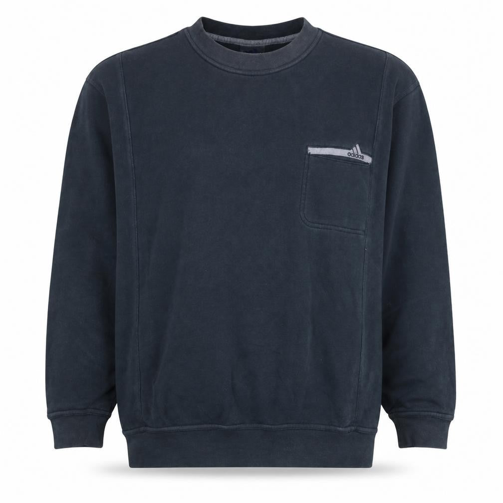 Front view of Adidas Men’s Blue Pullover Sweatshirt, size L, Crew Neck Logo Fleece