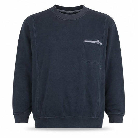 Front view of Adidas Men’s Blue Pullover Sweatshirt, size L, Crew Neck Logo Fleece