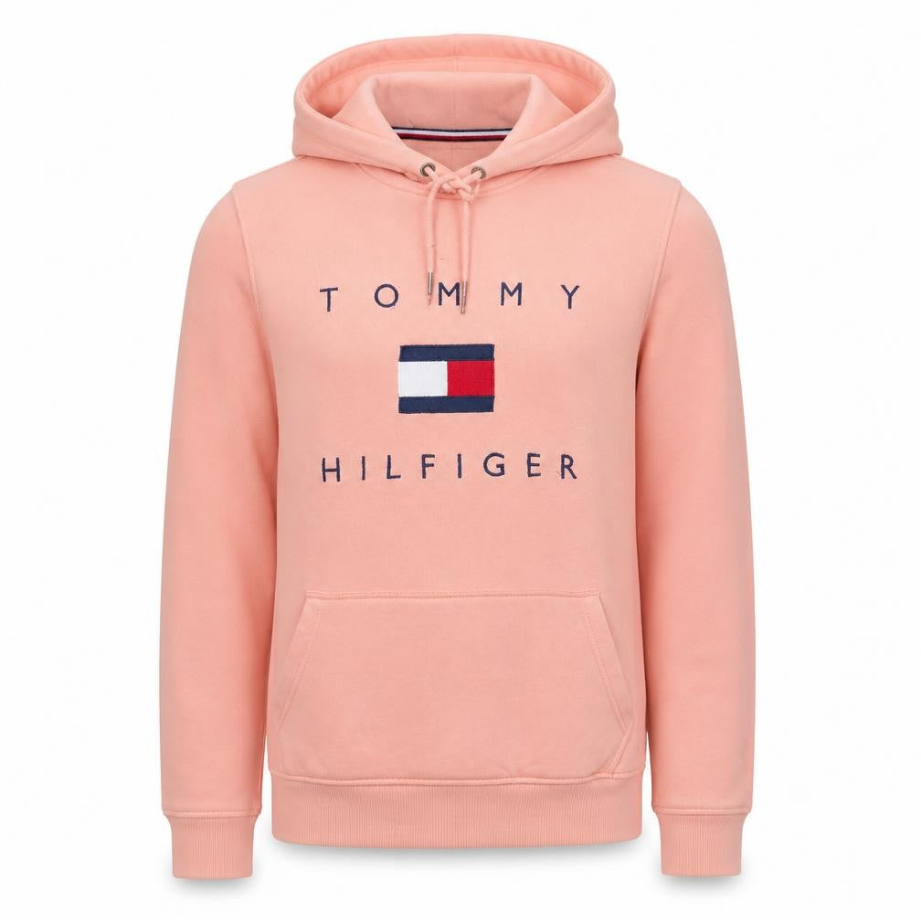 Front view of Tommy Hilfiger Men's Pink Pullover Hoodie, size S, Logo Fleece