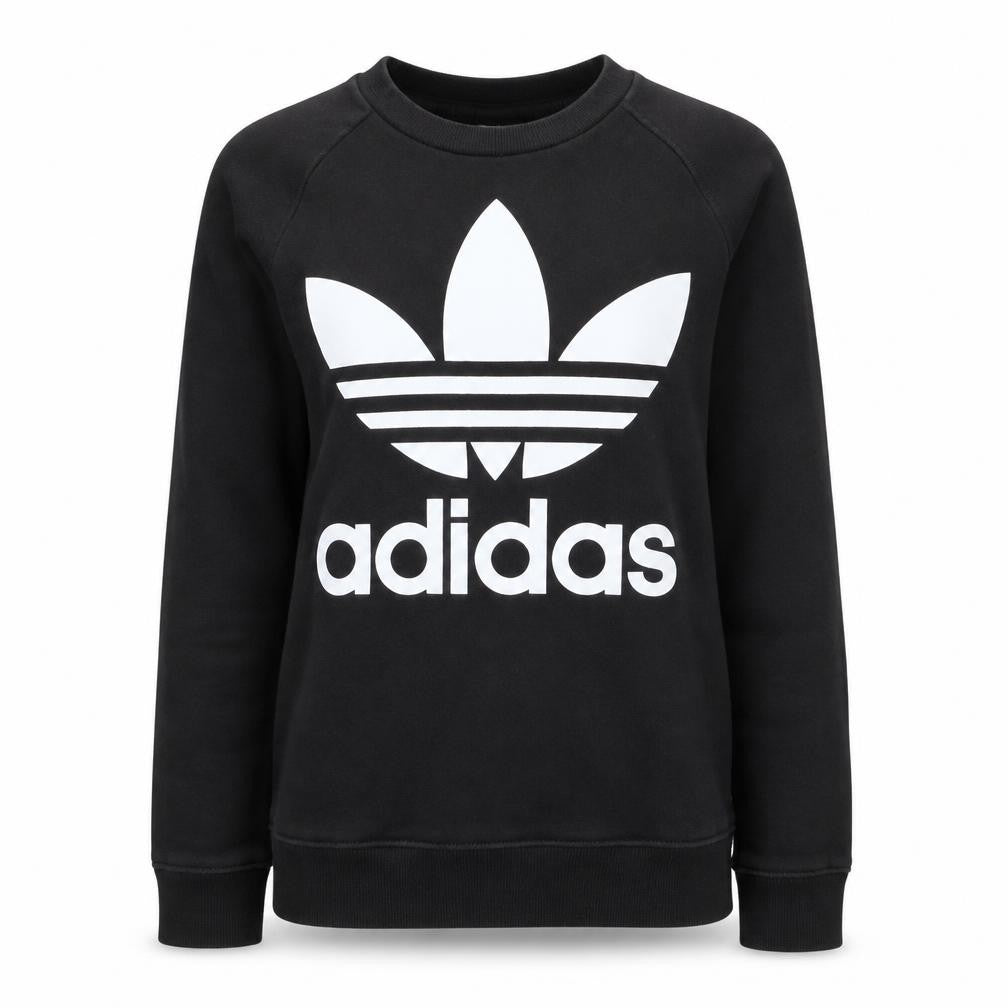 Front view of Adidas women’s black xs pullover sweatshirt with logo print
