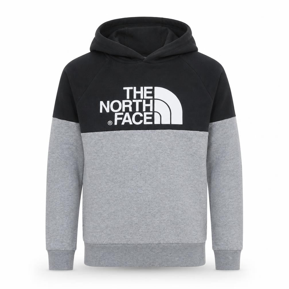 Front view of The North Face boys’ grey & black pullover hoodie l logo sweatshirt
