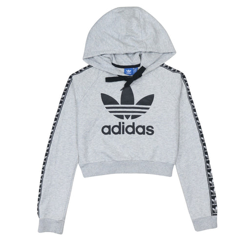 Adidas Womens Grey Crop Hoodie XS Logo Tape Sleeve Hooded Sweatshirt