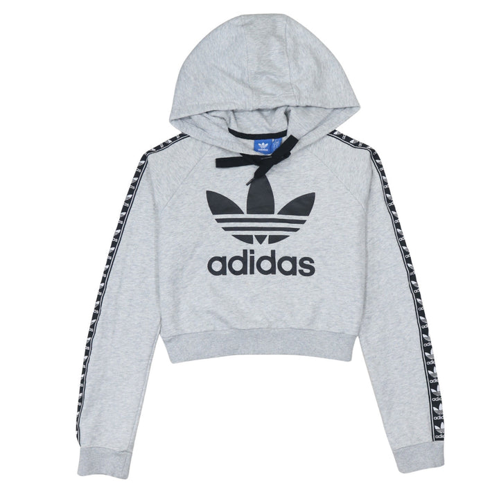 Adidas Womens Grey Crop Hoodie XS Logo Tape Sleeve Hooded Sweatshirt