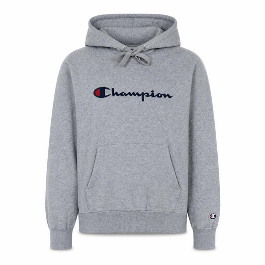 Front view of Champion men’s grey small pullover logo hoodie sweatshirt